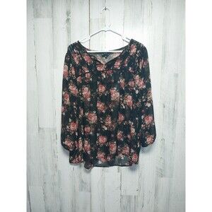 Perch by Blu Pepper Shirt Women’s 2XL Sheer Black and Red pink Floral Plus
